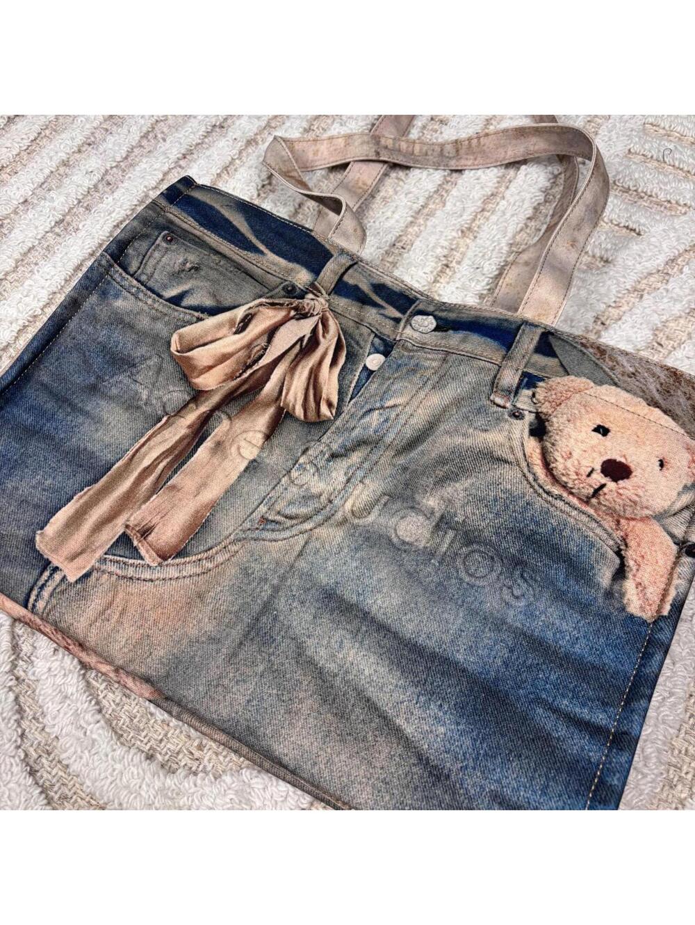 Acne Studios Trompe L’oeil Teddy Bear Denim Shopper Tote - Picture 2 of 8